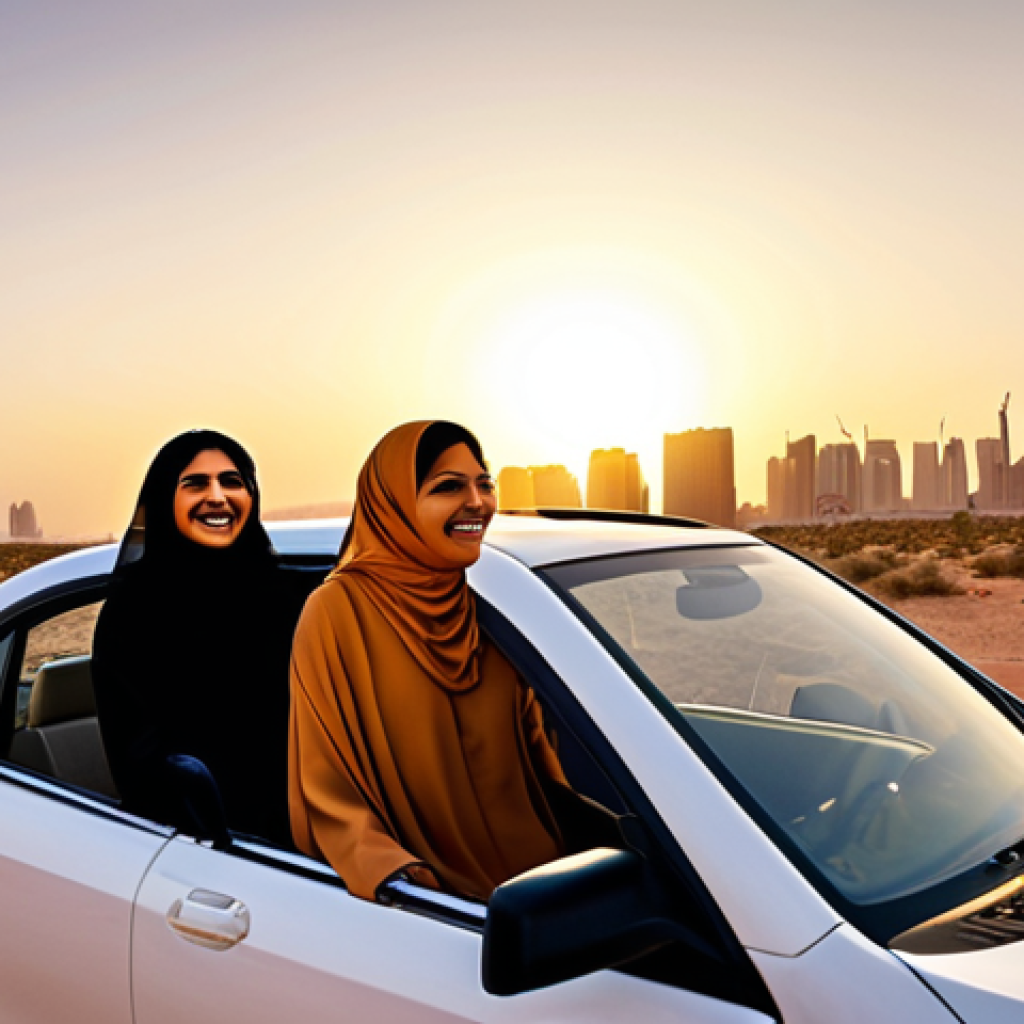 A group of diverse Saudi Arabian women joyfully driving a car together through a desert landscape at sunset, symbolizing freedom and empowerment, with modern city buildings visible in the distant background.