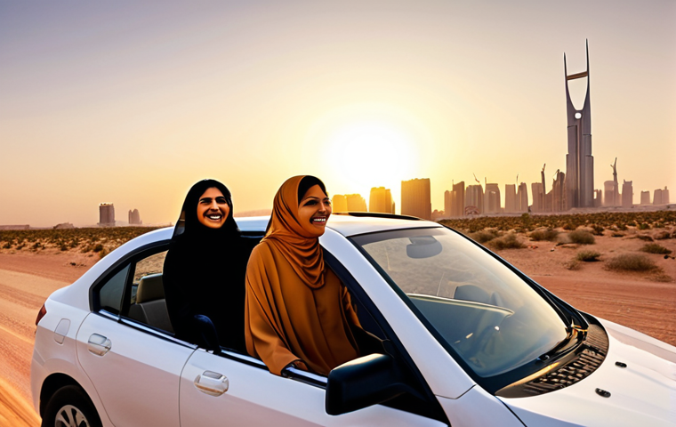 A group of diverse Saudi Arabian women joyfully driving a car together through a desert landscape at sunset, symbolizing freedom and empowerment, with modern city buildings visible in the distant background.