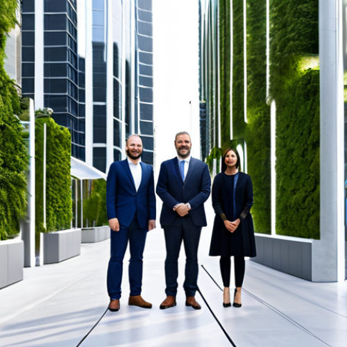 Home 13 A group of diverse professional architects and urban planners in modest, futuristic professional attire, appropriate business dress, standing within a sleek, modern, carbon-neutral section of 'The Line' city in NEOM. The background features minimalist, tall structures, integrated vertical gardens, and advanced, silent public transport systems. The lighting is bright and clean, emphasizing innovation and sustainability. Professional photography, high quality, perfect anatomy, correct proportions, natural pose, well-formed hands, proper finger count, natural body proportions, safe for work, appropriate content, fully clothed, professional.