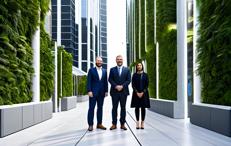 A group of diverse professional architects and urban planners in modest, futuristic professional attire, appropriate business dress, standing within a sleek, modern, carbon-neutral section of 'The Line' city in NEOM. The background features minimalist, tall structures, integrated vertical gardens, and advanced, silent public transport systems. The lighting is bright and clean, emphasizing innovation and sustainability. Professional photography, high quality, perfect anatomy, correct proportions, natural pose, well-formed hands, proper finger count, natural body proportions, safe for work, appropriate content, fully clothed, professional.