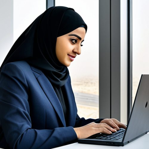 Home 12 사우디아라비아에서 이슬람 율법의 적용 사례 - Modern Saudi Businesswoman**
"A professional Saudi businesswoman in a modest, stylish business suit...