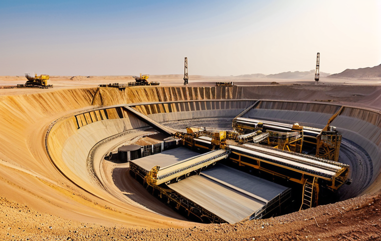 사우디아라비아의 금광 및 천연자원 산업 - Modern Gold Mine Operation**

"A vast, open-pit gold mine in the Saudi Arabian desert at sunrise, fu...